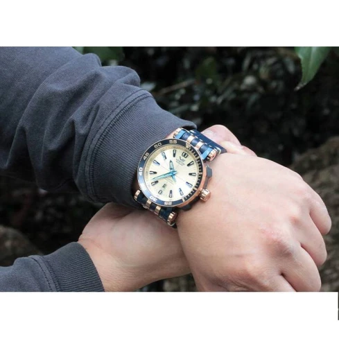 Мъжки ръчен часовник с автоматичен механизъм - корпус от Стомана - Естествена кожа - цвят Бежов Син