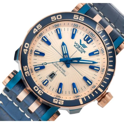 Мъжки ръчен часовник с автоматичен механизъм - корпус от Стомана - Естествена кожа - цвят Бежов Син