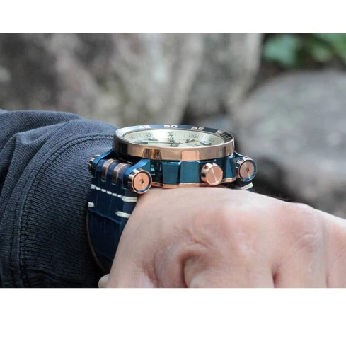 Мъжки ръчен часовник с автоматичен механизъм - корпус от Стомана - Естествена кожа - цвят Бежов Син