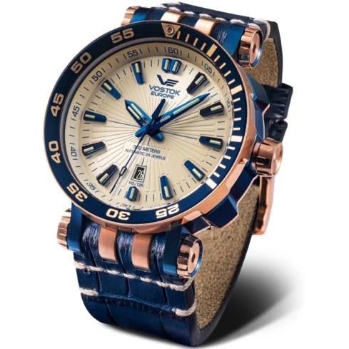 Мъжки ръчен часовник с автоматичен механизъм - корпус от Стомана - Естествена кожа - цвят Бежов Син