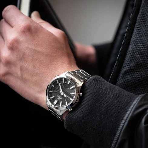 Мъжки ръчен часовник с кварцов механизъм - корпус от Стомана - Стоманена верижка - цвят Син Сив