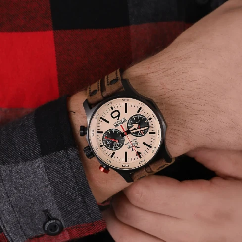 Мъжки ръчен часовник с кварцов механизъм - корпус от Стомана - Естествена кожа - цвят Бежов Кафяв