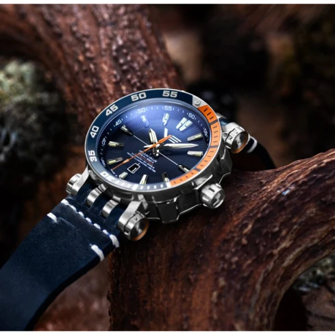 Мъжки ръчен часовник с автоматичен механизъм - корпус от Стомана - Естествена кожа - цвят Син