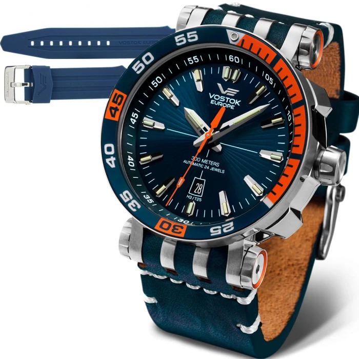 Мъжки ръчен часовник с автоматичен механизъм - корпус от Стомана - Естествена кожа - цвят Син