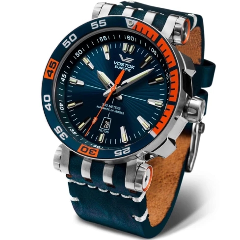 Мъжки ръчен часовник с автоматичен механизъм - корпус от Стомана - Естествена кожа - цвят Син