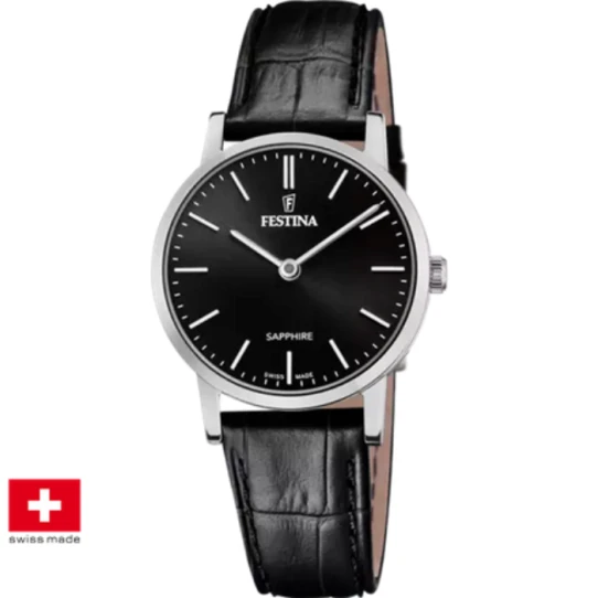 Дамски ръчен часовник с кварцов механизъм - корпус от Стомана - Естествена кожа - цвят Черен Черен