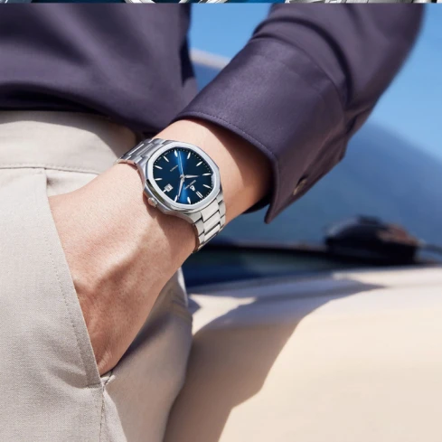 Мъжки ръчен часовник с автоматичен механизъм - корпус от Стомана - Стоманена верижка - цвят Син Сив