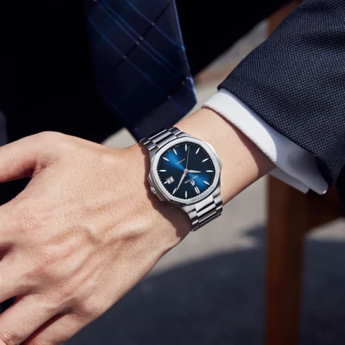 Мъжки ръчен часовник с автоматичен механизъм - корпус от Стомана - Стоманена верижка - цвят Син Сив