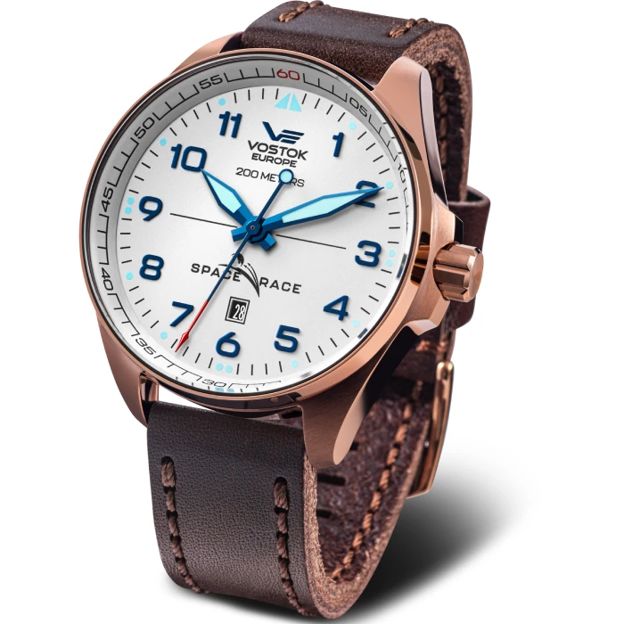 Мъжки ръчен часовник с автоматичен механизъм - корпус от Стомана - Естествена кожа - цвят Бял Кафяв