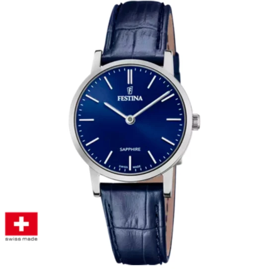 Дамски ръчен часовник с кварцов механизъм - корпус от Стомана - Естествена кожа - цвят Син Син