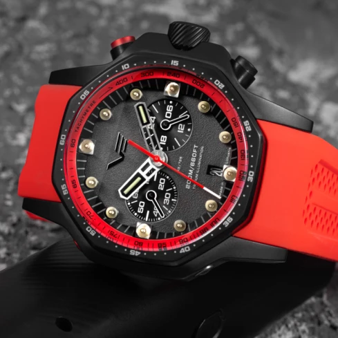 Мъжки ръчен часовник с кварцов механизъм - корпус от Стомана - Естествена кожа - цвят Черен Червен