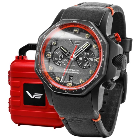 Мъжки ръчен часовник с кварцов механизъм - корпус от Стомана - Естествена кожа - цвят Черен Червен