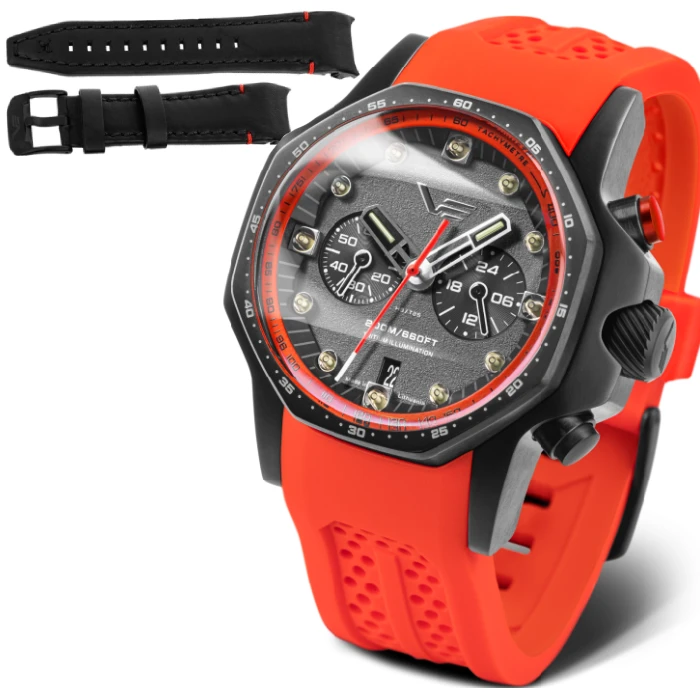 Мъжки ръчен часовник с кварцов механизъм - корпус от Стомана - Естествена кожа - цвят Черен Червен