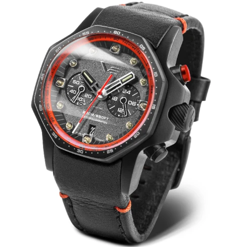 Мъжки ръчен часовник с кварцов механизъм - корпус от Стомана - Естествена кожа - цвят Черен Червен