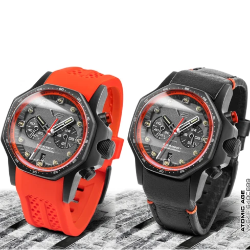 Мъжки ръчен часовник с кварцов механизъм - корпус от Стомана - Естествена кожа - цвят Черен Червен