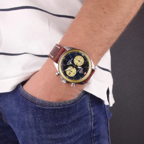 Мъжки ръчен часовник с кварцов механизъм - корпус от Стомана - Естествена кожа - цвят Син Кафяв