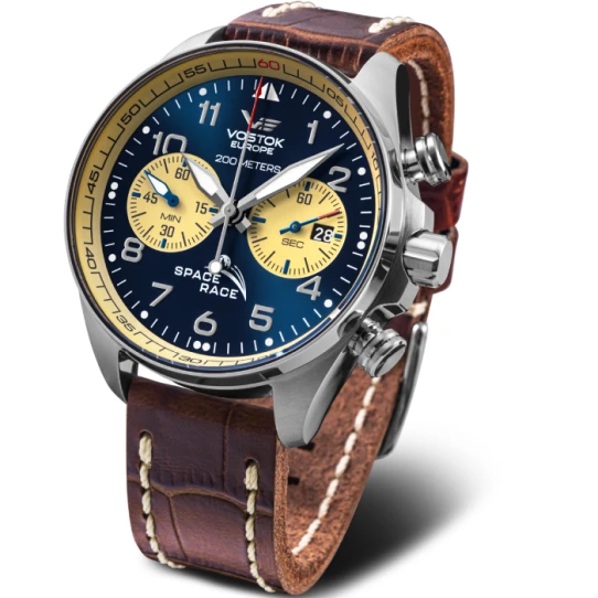 Мъжки ръчен часовник с кварцов механизъм - корпус от Стомана - Естествена кожа - цвят Син Кафяв