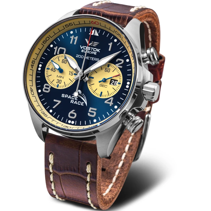 Мъжки ръчен часовник с кварцов механизъм - корпус от Стомана - Естествена кожа - цвят Син Кафяв