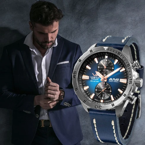 Мъжки ръчен часовник с кварцов механизъм - корпус от Стомана - Естествена кожа - цвят Син Бял