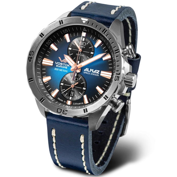 Мъжки ръчен часовник с кварцов механизъм - корпус от Стомана - Естествена кожа - цвят Син Бял