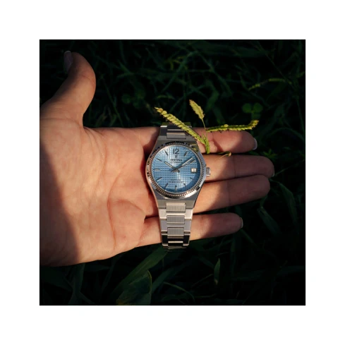 Дамски ръчен часовник с автоматичен механизъм - корпус от Стомана - Стоманена верижка - цвят Син Сив