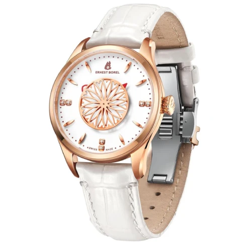 Дамски ръчен часовник с автоматичен механизъм - корпус от Стомана - Естествена кожа - цвят Бял Бял