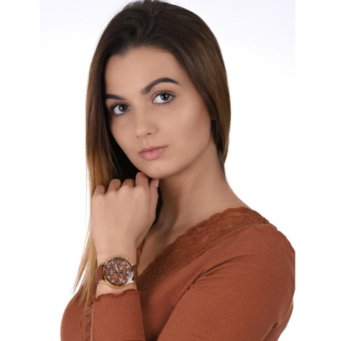 Дамски ръчен часовник с кварцов механизъм - корпус от Стомана - Естествена кожа - цвят Кафяв Розово Злато