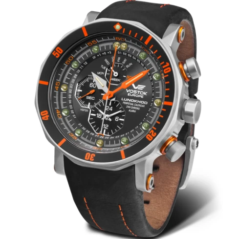 Мъжки ръчен часовник с кварцов механизъм - корпус от Стомана - Естествена кожа - цвят Черен Оранжев