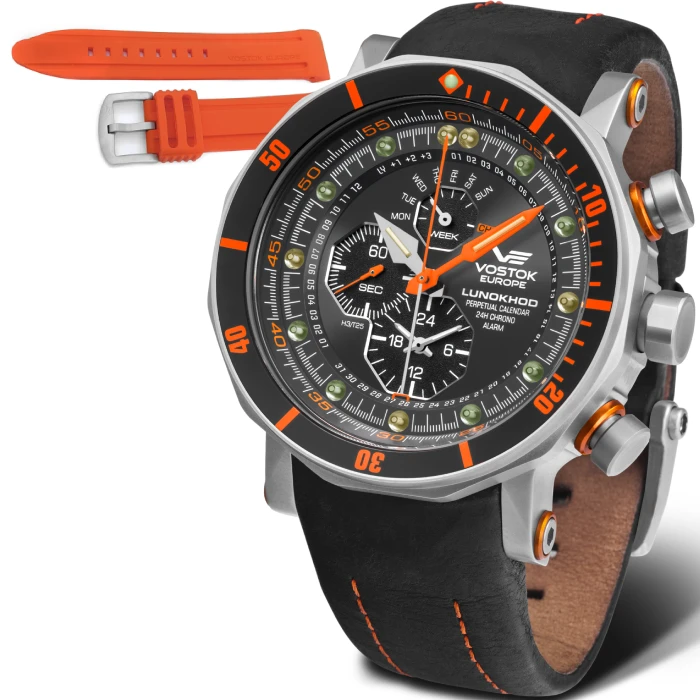 Мъжки ръчен часовник с кварцов механизъм - корпус от Стомана - Естествена кожа - цвят Черен Оранжев