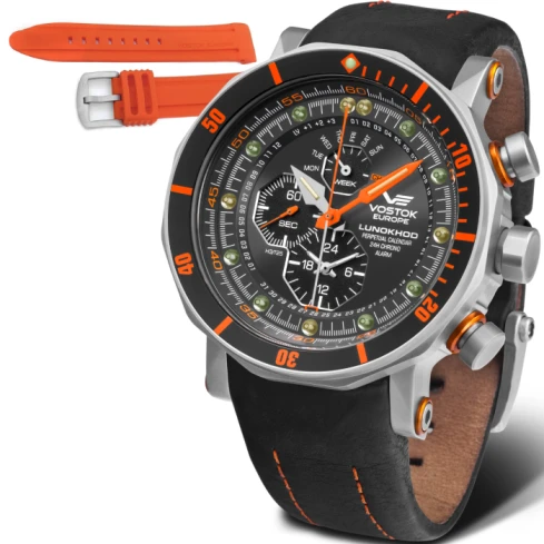 Мъжки ръчен часовник с кварцов механизъм - корпус от Стомана - Естествена кожа - цвят Черен Оранжев