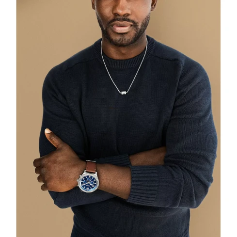 Мъжки ръчен часовник с кварцов механизъм - корпус от Стомана - Естествена кожа - цвят Син Кафяв