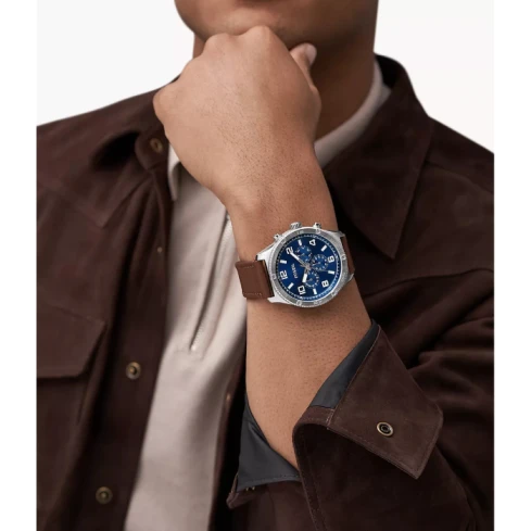 Мъжки ръчен часовник с кварцов механизъм - корпус от Стомана - Естествена кожа - цвят Син Кафяв