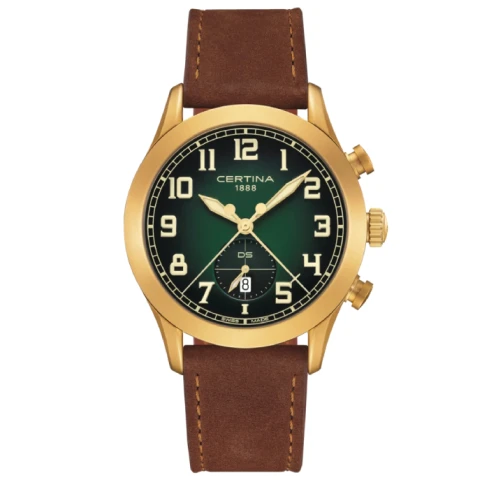 Мъжки ръчен часовник с кварцов механизъм - корпус от Стомана - Естествена кожа - цвят Зелен Кафяв