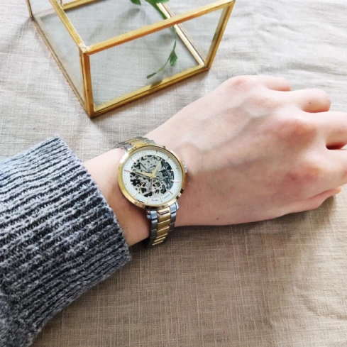 Дамски ръчен часовник с автоматичен механизъм - корпус от Стомана - Стоманена верижка - цвят Скелетон Злато