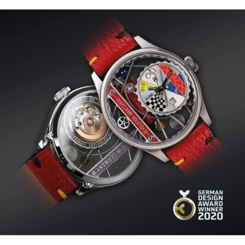 Мъжки ръчен часовник с автоматичен механизъм - корпус от Стомана - Естествена кожа - цвят Скелетон Червен