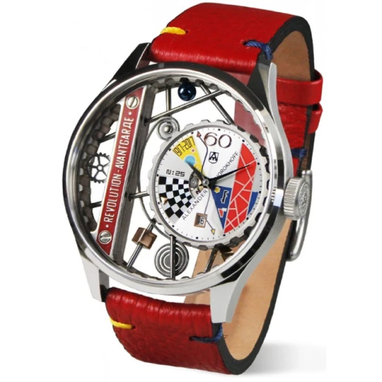 Мъжки ръчен часовник с автоматичен механизъм - корпус от Стомана - Естествена кожа - цвят Скелетон Червен