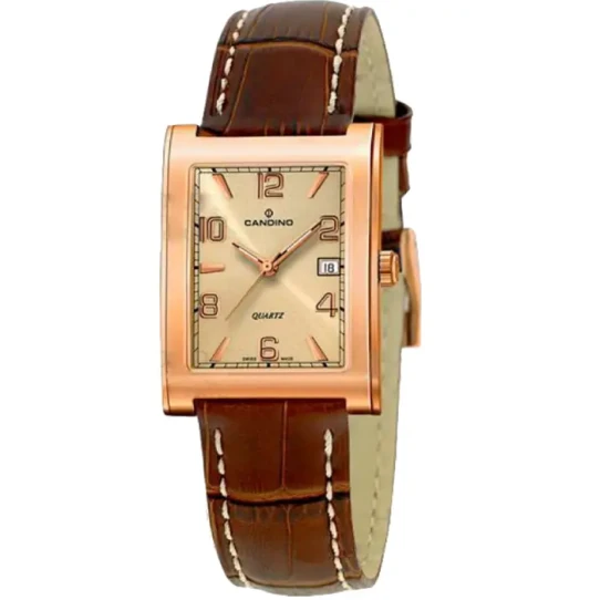 Мъжки ръчен часовник с кварцов механизъм - корпус от Розово злато - Естествена кожа - цвят Шампанско