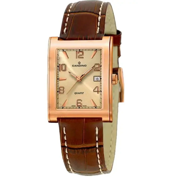 Мъжки ръчен часовник с кварцов механизъм - корпус от Розово злато - Естествена кожа - цвят Шампанско