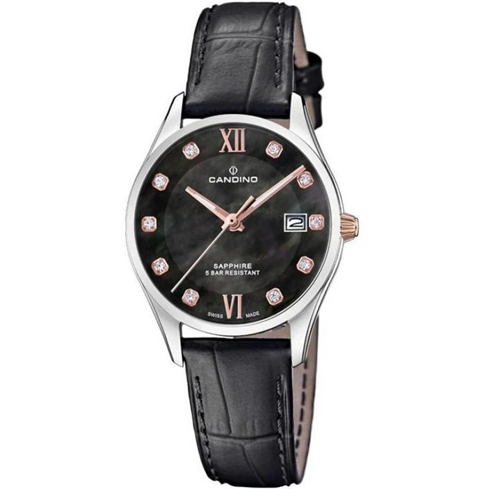 Дамски ръчен часовник с кварцов механизъм - корпус от Стомана - Естествена кожа - цвят Седеф Черен