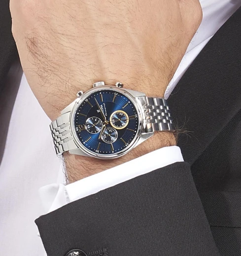 Мъжки ръчен часовник с кварцов механизъм - корпус от Стомана - Стоманена верижка - цвят Син Сив