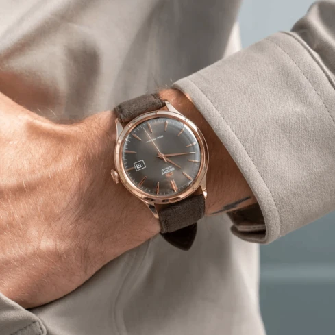 Мъжки ръчен часовник с кварцов механизъм - корпус от Стомана - Синтетична кожа - цвят Зелен Кафяв