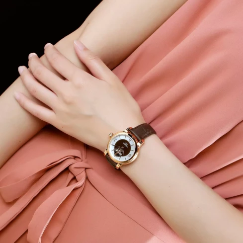 Дамски ръчен часовник с автоматичен механизъм - корпус от Стомана - Естествена кожа - цвят Седеф Кафяв