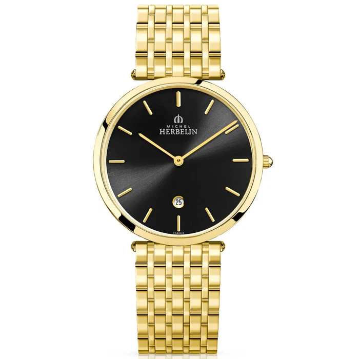 Мъжки ръчен часовник с кварцов механизъм - корпус от Стомана - Стоманена верижка - цвят Черен Злато