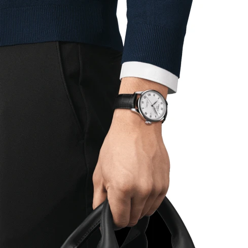 Мъжки ръчен часовник с автоматичен механизъм - корпус от Стомана - Естествена кожа - цвят Сребрист Черен