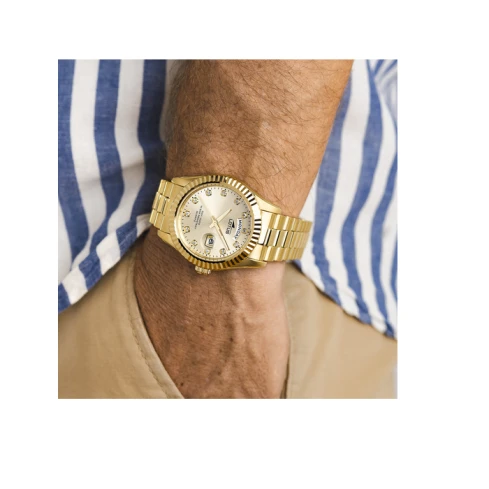 Мъжки ръчен часовник с кварцов механизъм - корпус от Стомана и злато 18К - Стоманена верижка - цвят Злато