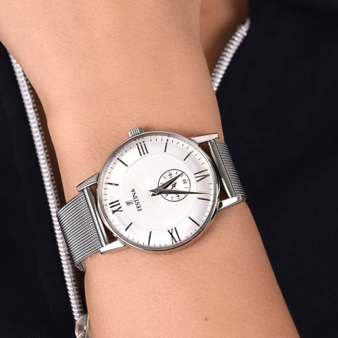 Мъжки ръчен часовник с кварцов механизъм - корпус от Стомана - Меш - цвят Бял